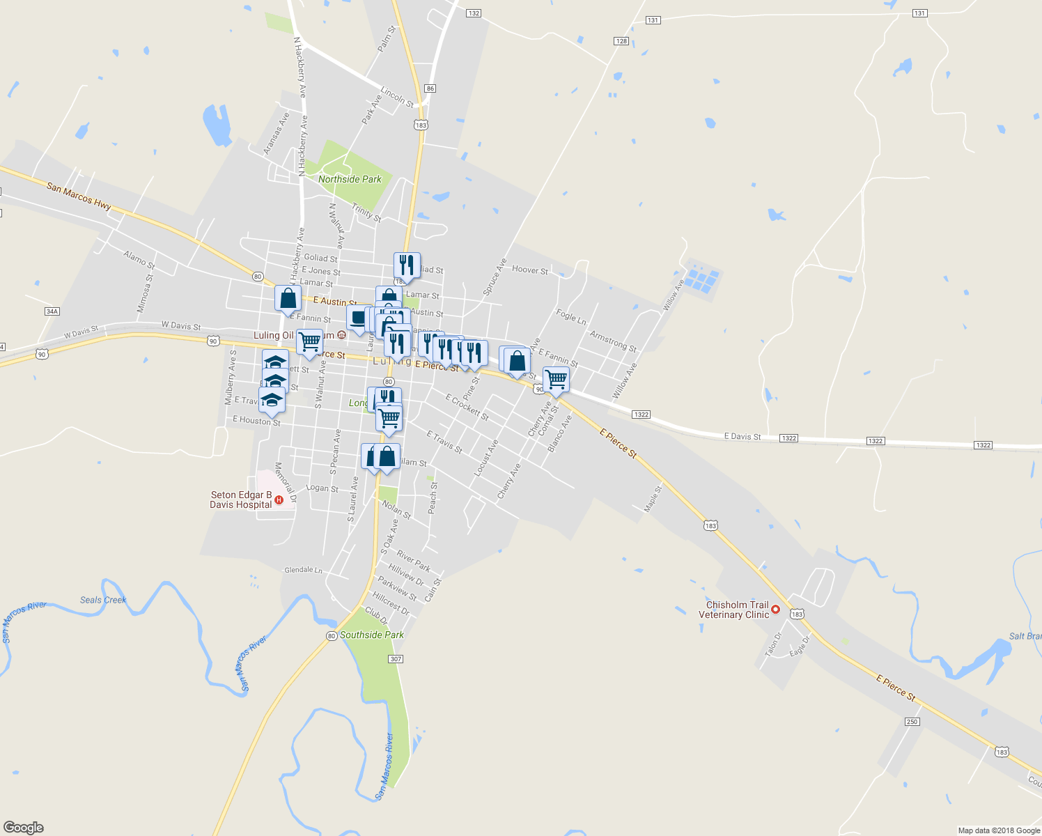map of restaurants, bars, coffee shops, grocery stores, and more near 1204 Wilson Street in Luling