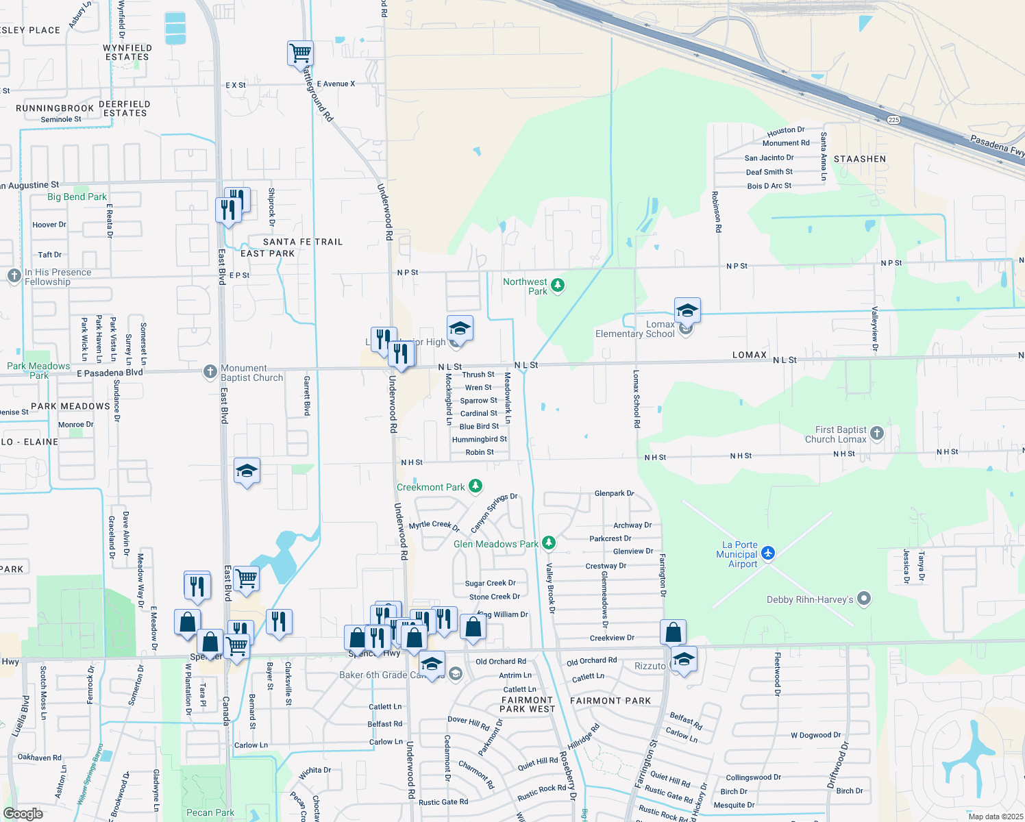 map of restaurants, bars, coffee shops, grocery stores, and more near 2013 Meadow Lark Lane in La Porte