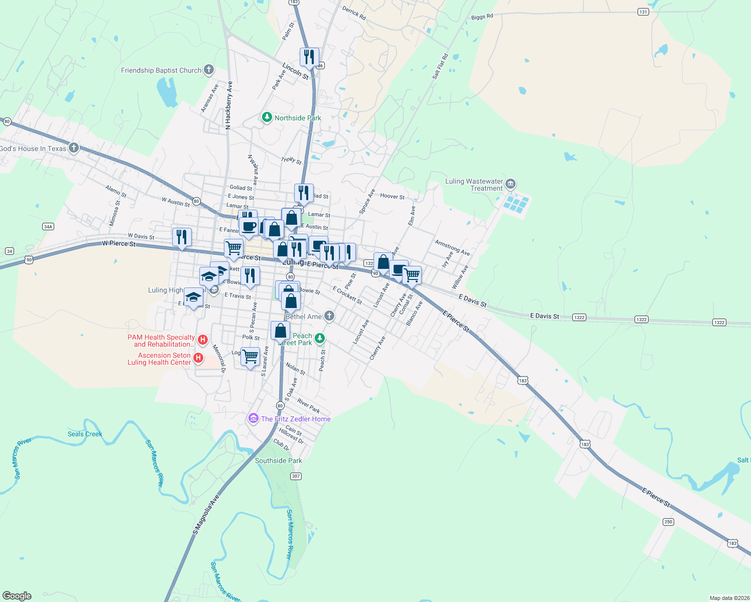 map of restaurants, bars, coffee shops, grocery stores, and more near 1127 Parr Street in Luling