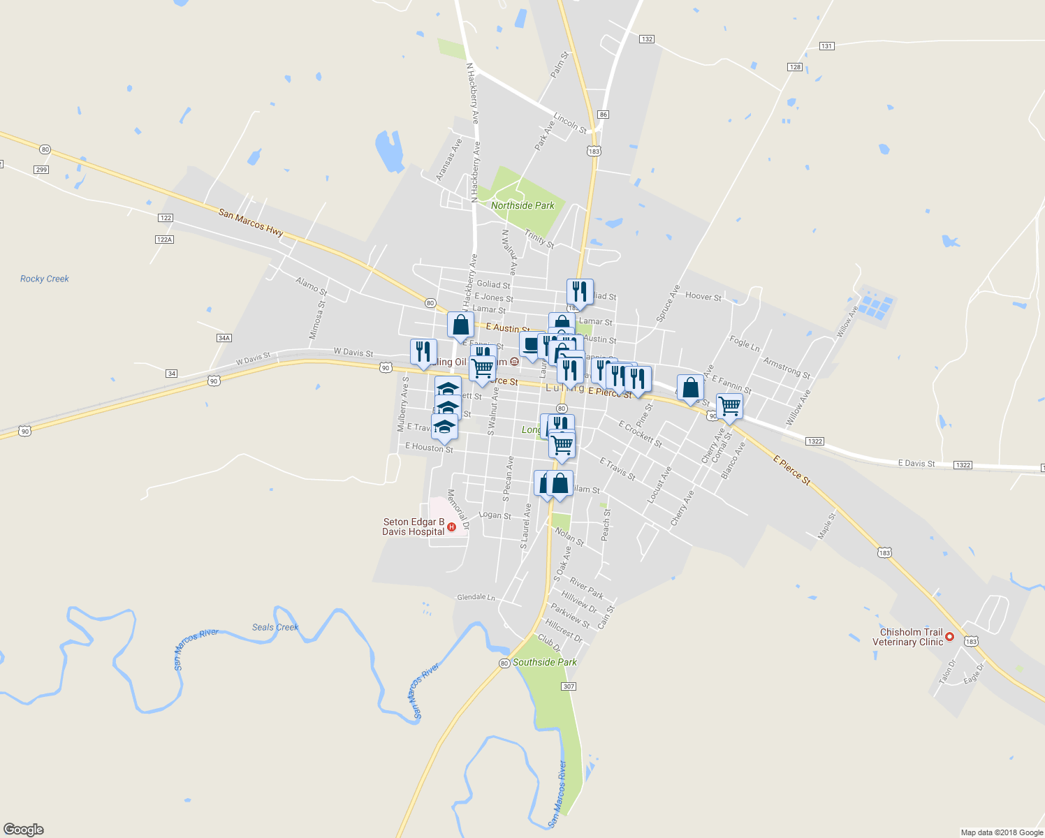 map of restaurants, bars, coffee shops, grocery stores, and more near 509 East Bowie Street in Luling