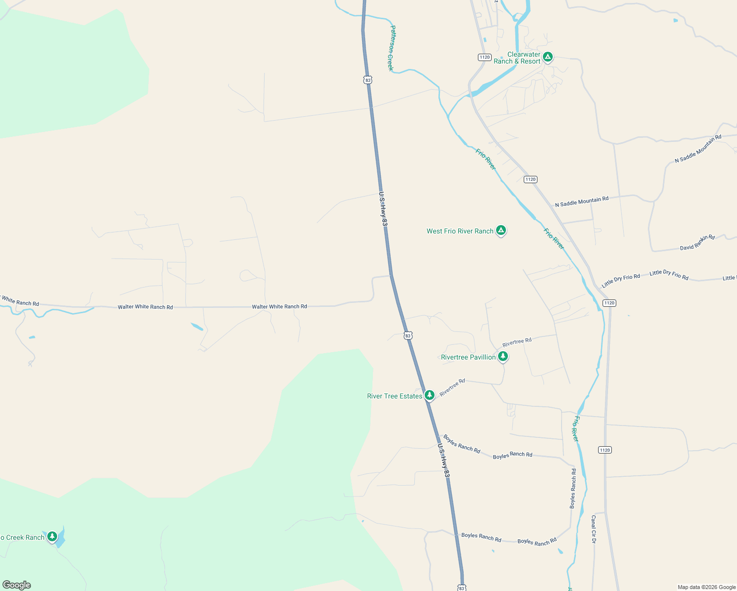 map of restaurants, bars, coffee shops, grocery stores, and more near Walter White Ranch Road in Leakey