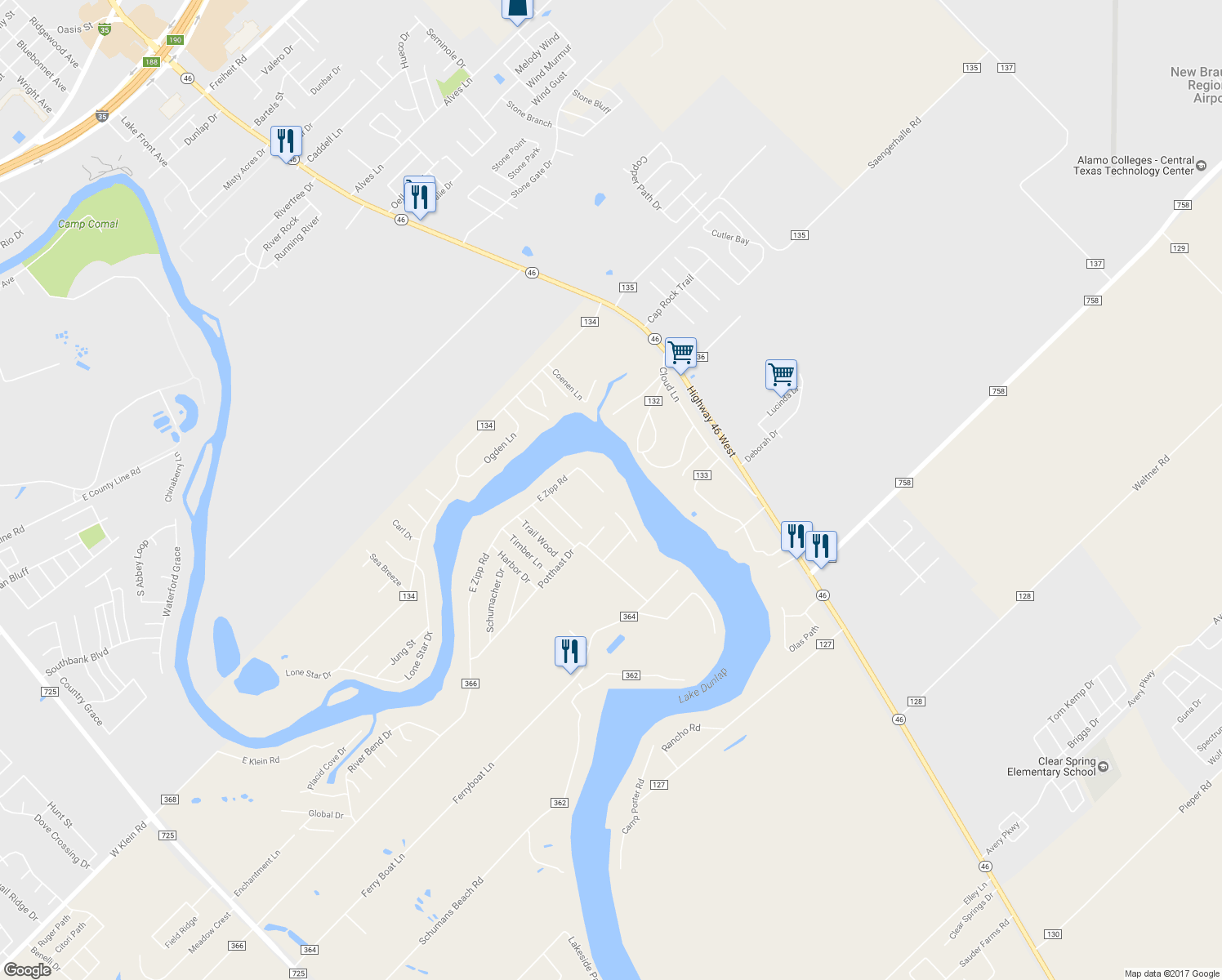 map of restaurants, bars, coffee shops, grocery stores, and more near 1443 East Zipp Road in New Braunfels