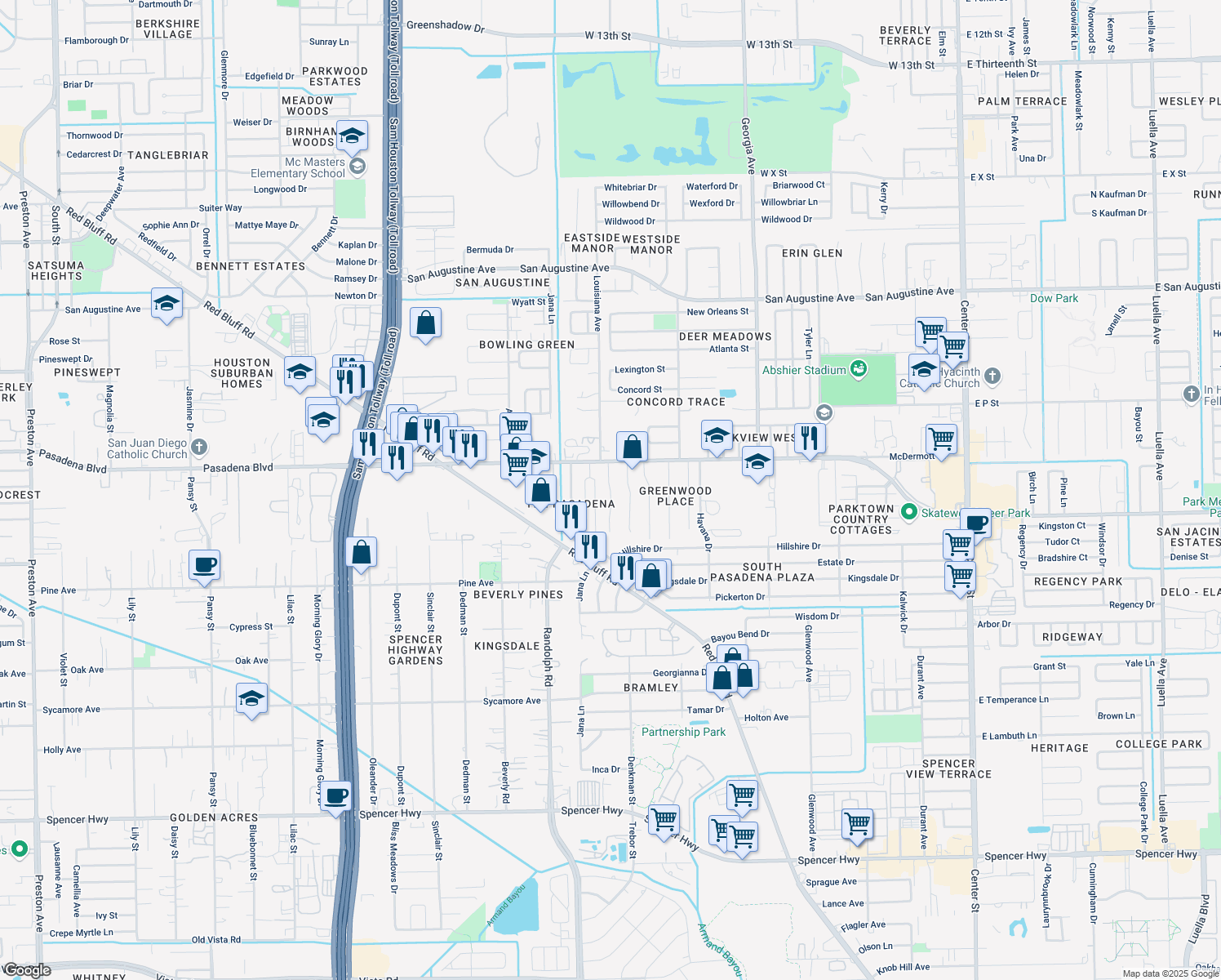 map of restaurants, bars, coffee shops, grocery stores, and more near 3409 Chandler Ln in Deer Park