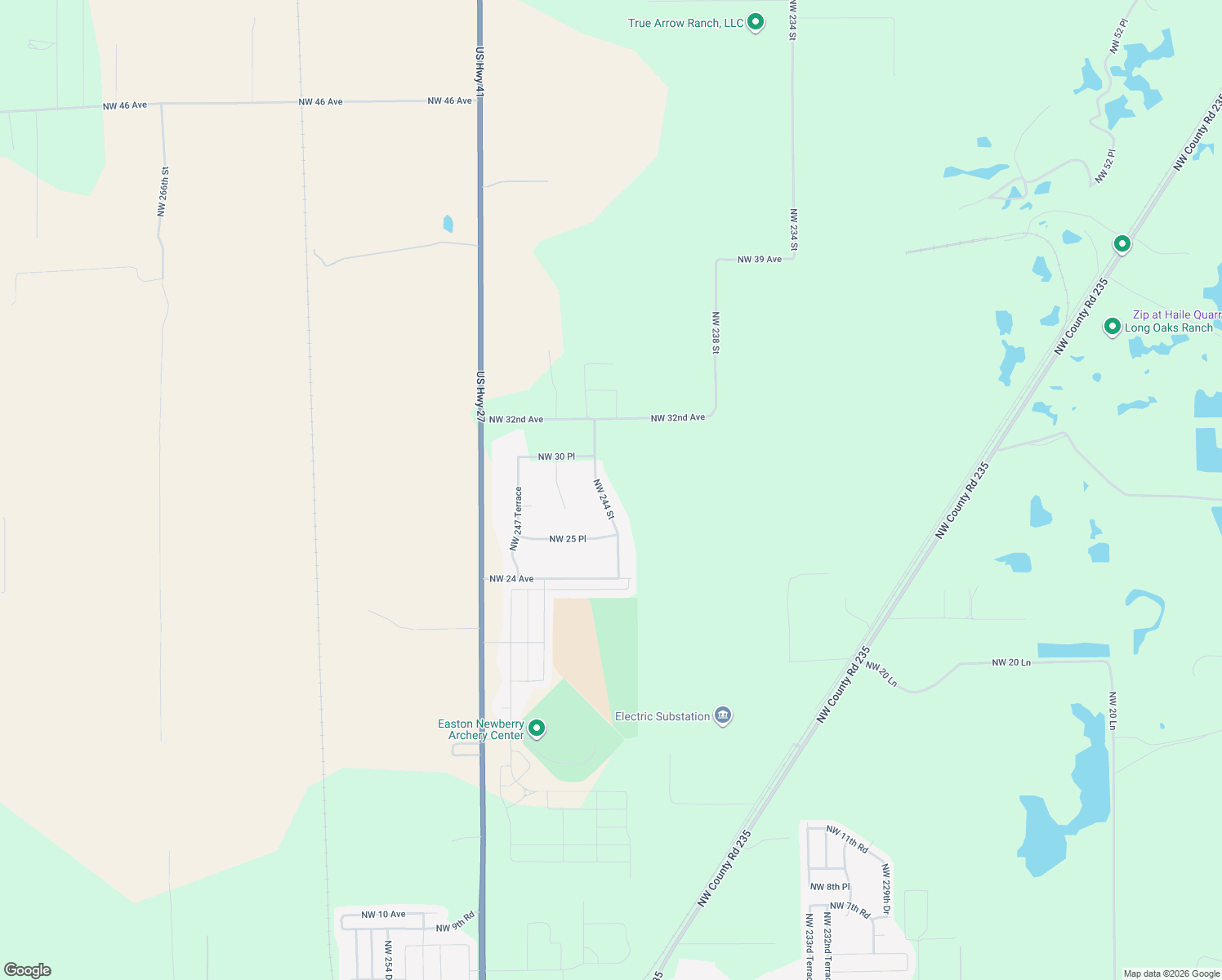 map of restaurants, bars, coffee shops, grocery stores, and more near 2809 Northwest 244 Street in Newberry