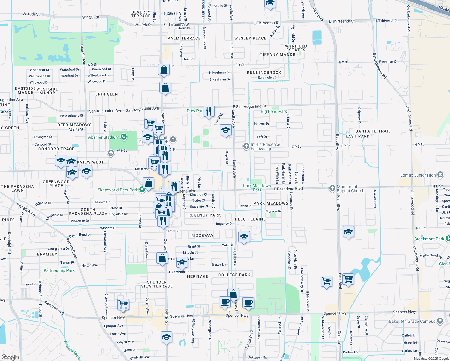 map of restaurants, bars, coffee shops, grocery stores, and more near 3417 Knob Hill Street in Deer Park