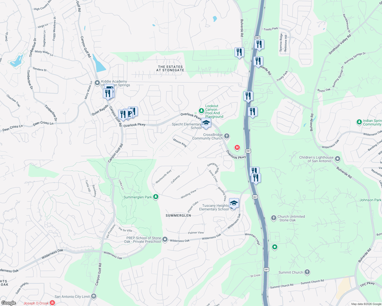 map of restaurants, bars, coffee shops, grocery stores, and more near 1732 Mason King in San Antonio