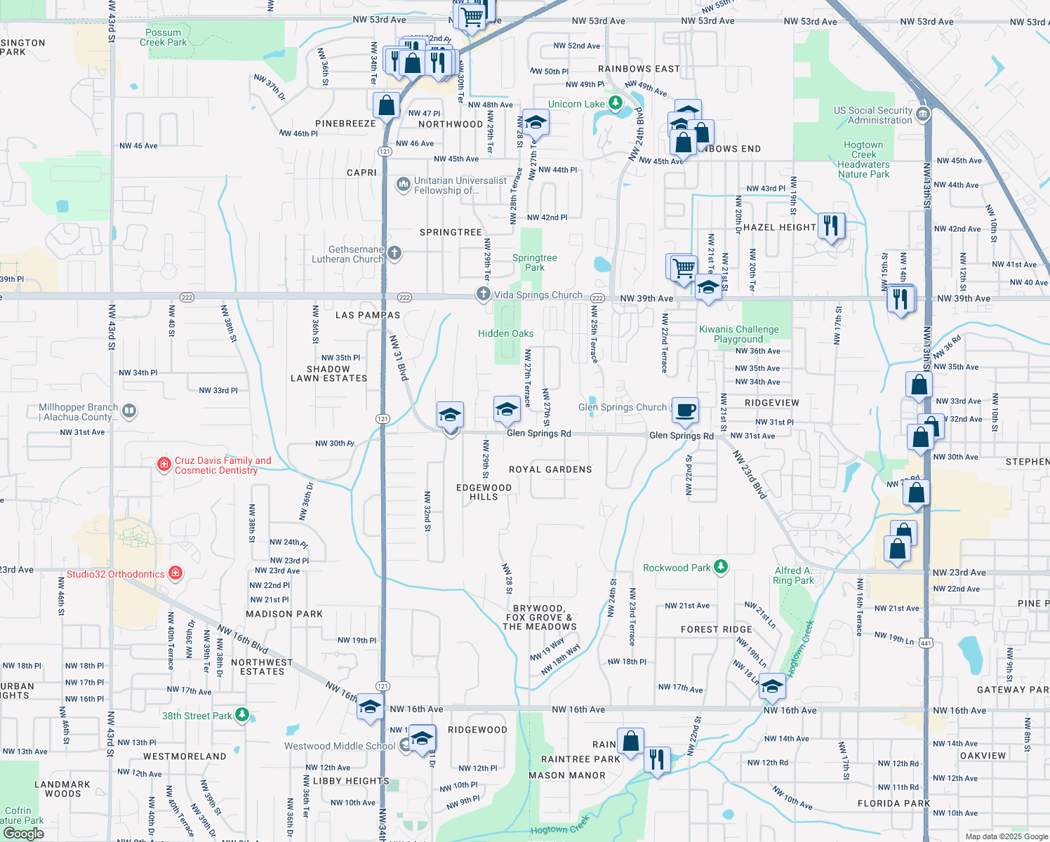 map of restaurants, bars, coffee shops, grocery stores, and more near 2740 Northwest 31st Avenue in Gainesville