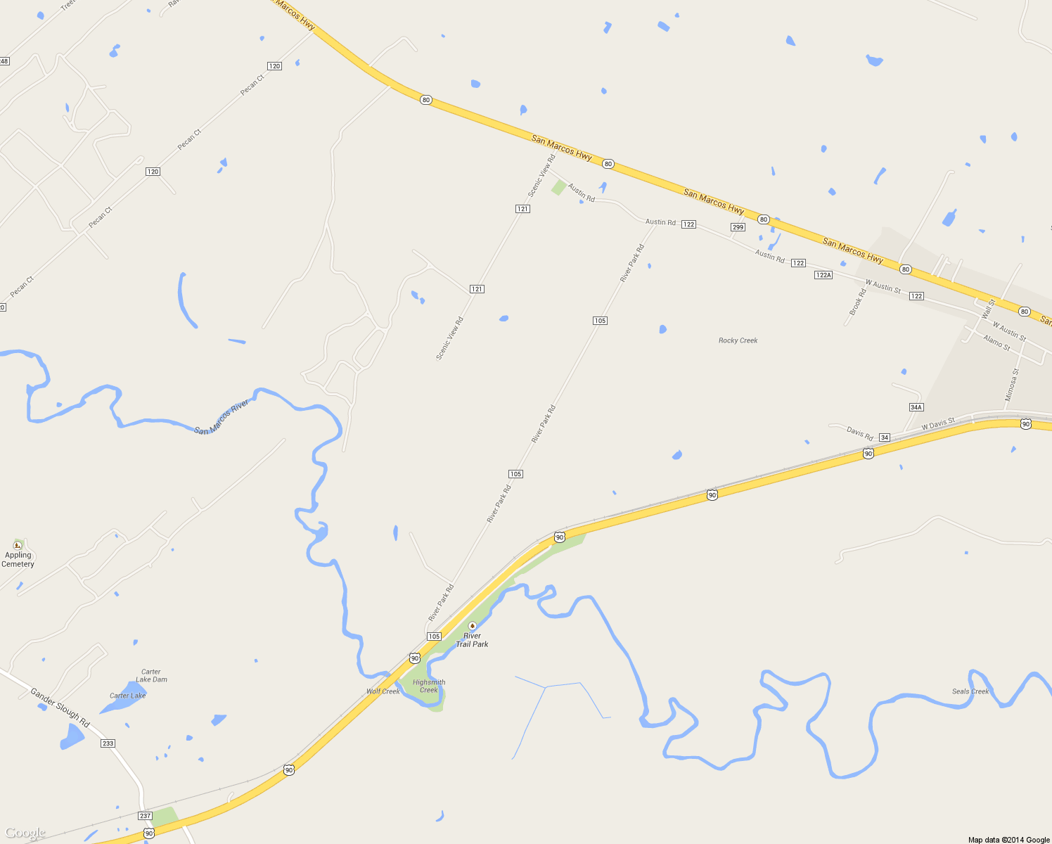 map of restaurants, bars, coffee shops, grocery stores, and more near 650 River Park Road in Luling