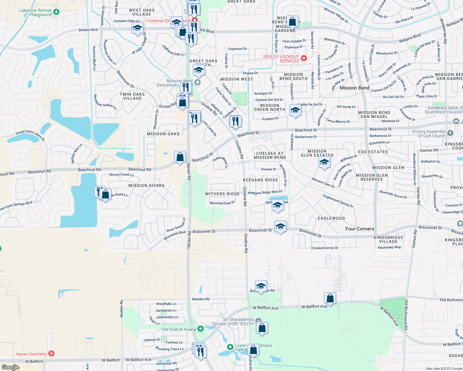 map of restaurants, bars, coffee shops, grocery stores, and more near 16911 Midnight Sun Lane in Richmond