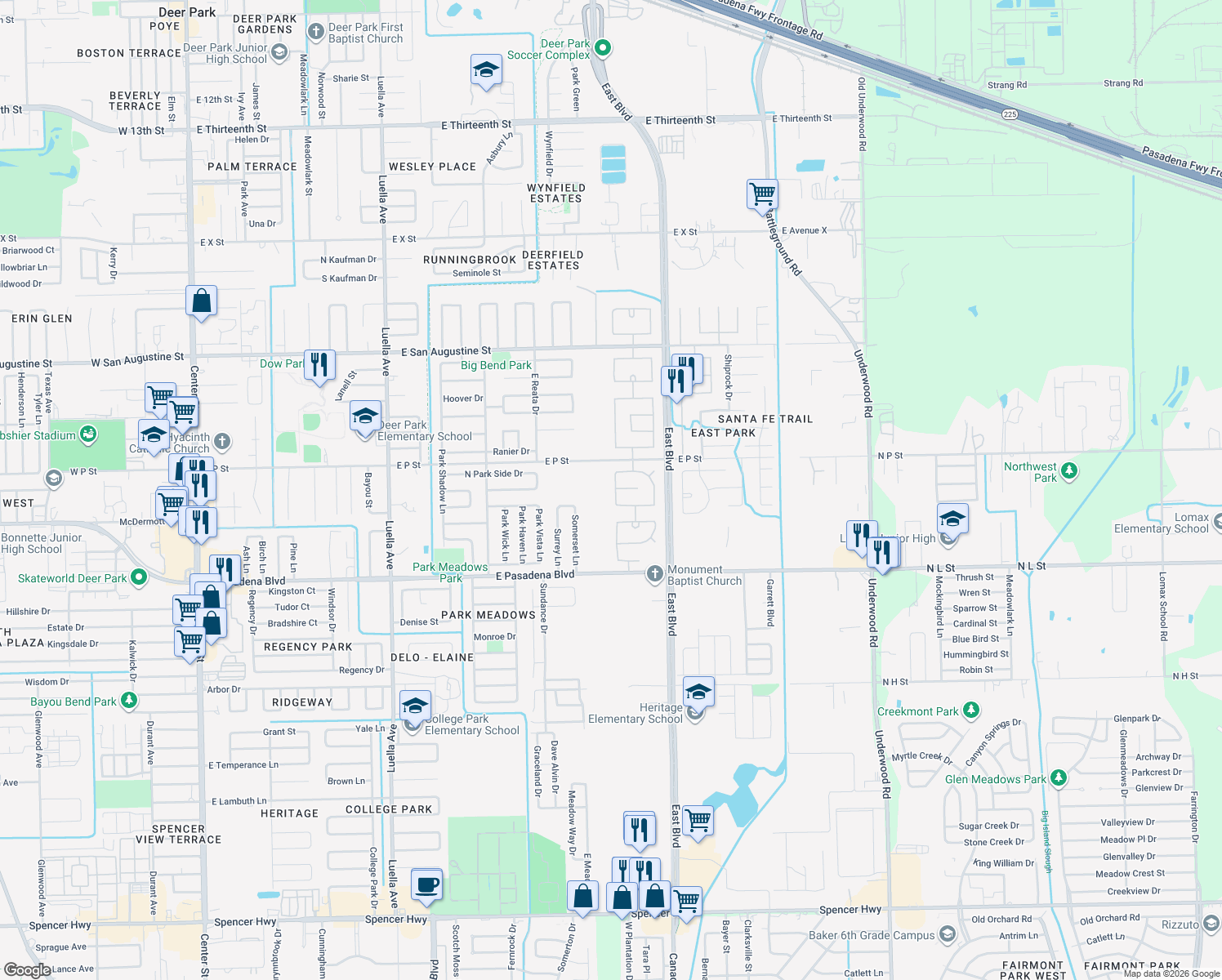 map of restaurants, bars, coffee shops, grocery stores, and more near 2126 Longwood Dr in Deer Park