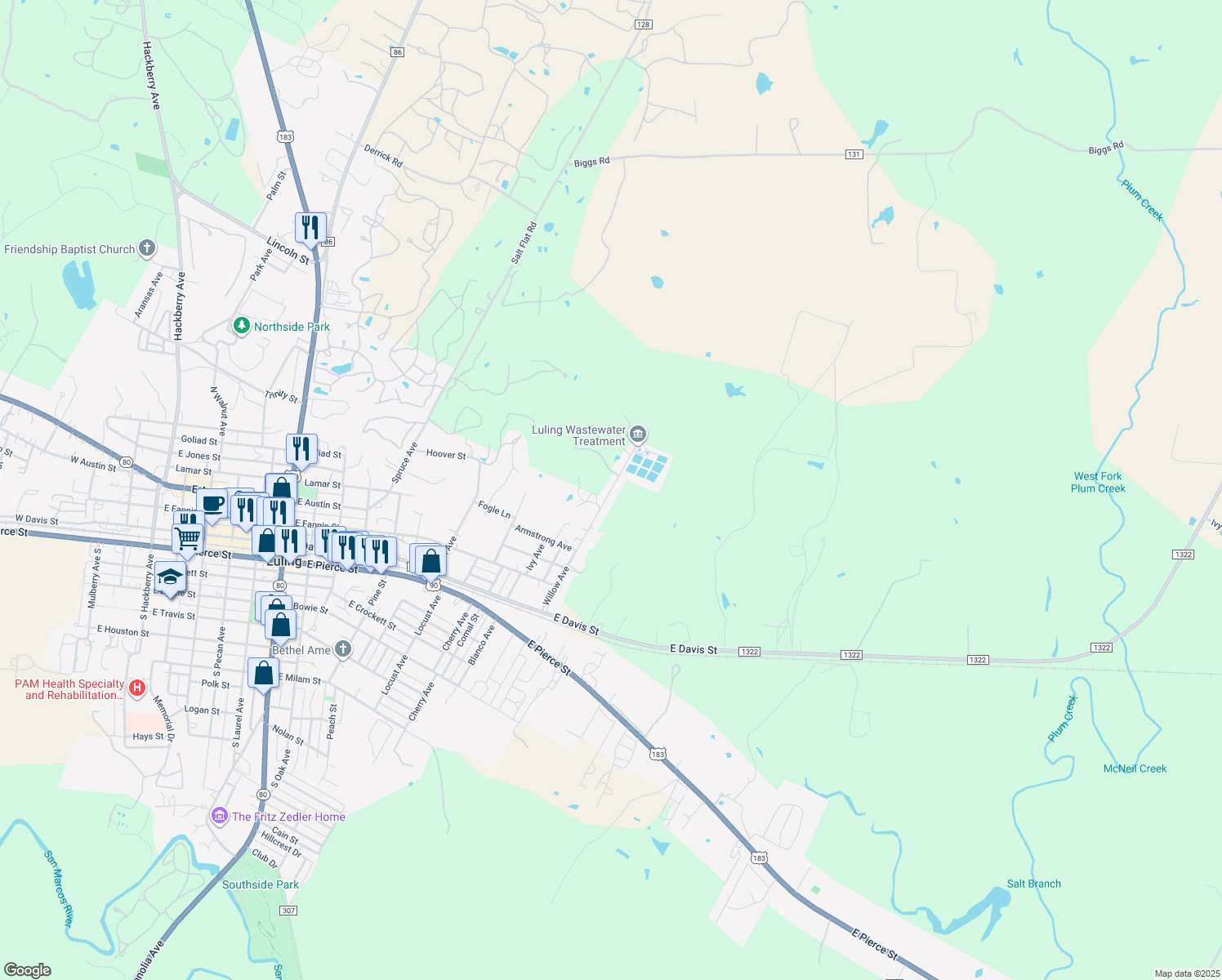 map of restaurants, bars, coffee shops, grocery stores, and more near 621 Willow Avenue in Luling
