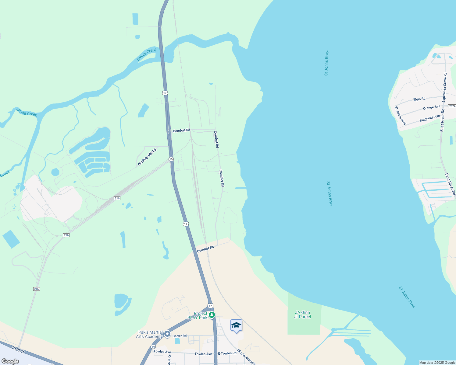 map of restaurants, bars, coffee shops, grocery stores, and more near 177 Comfort Road in Palatka