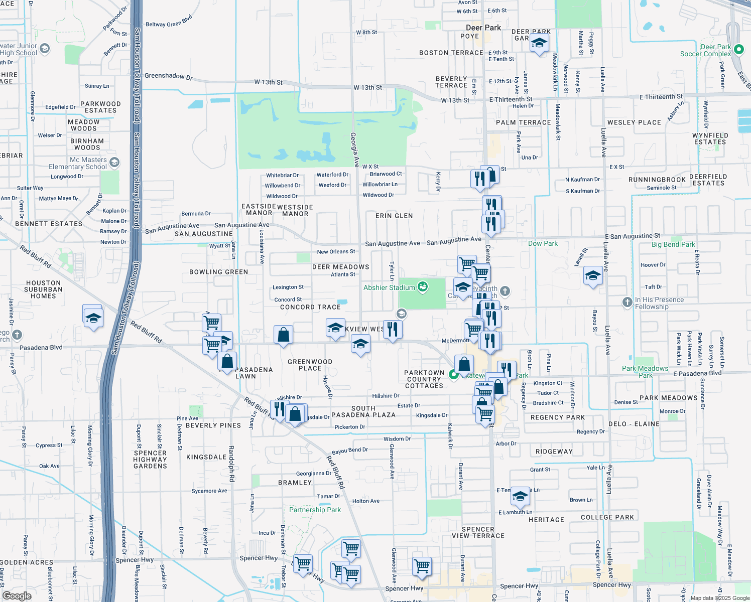 map of restaurants, bars, coffee shops, grocery stores, and more near 2705 Lufkin Ln in Deer Park