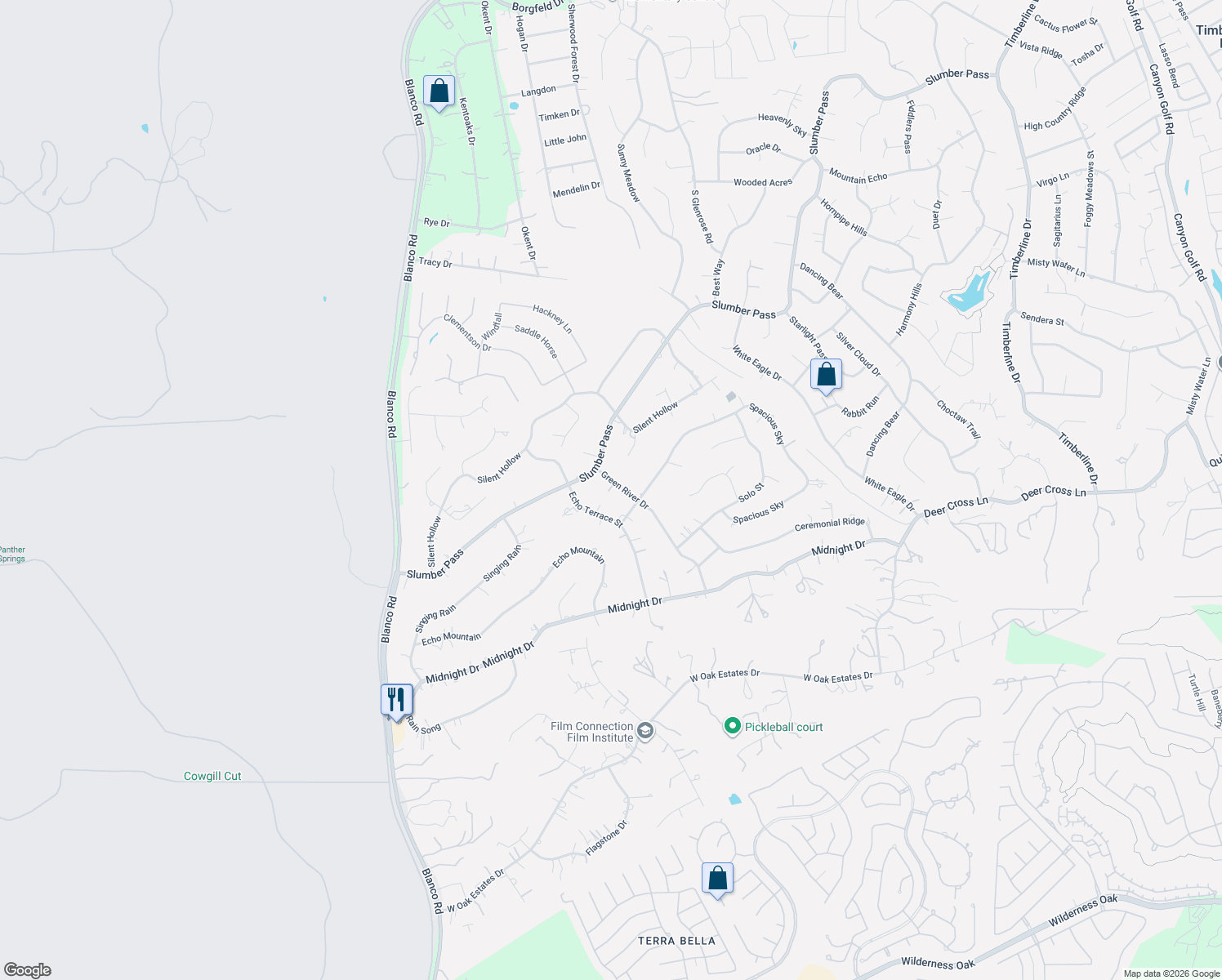 map of restaurants, bars, coffee shops, grocery stores, and more near 25811 Green River Drive in San Antonio