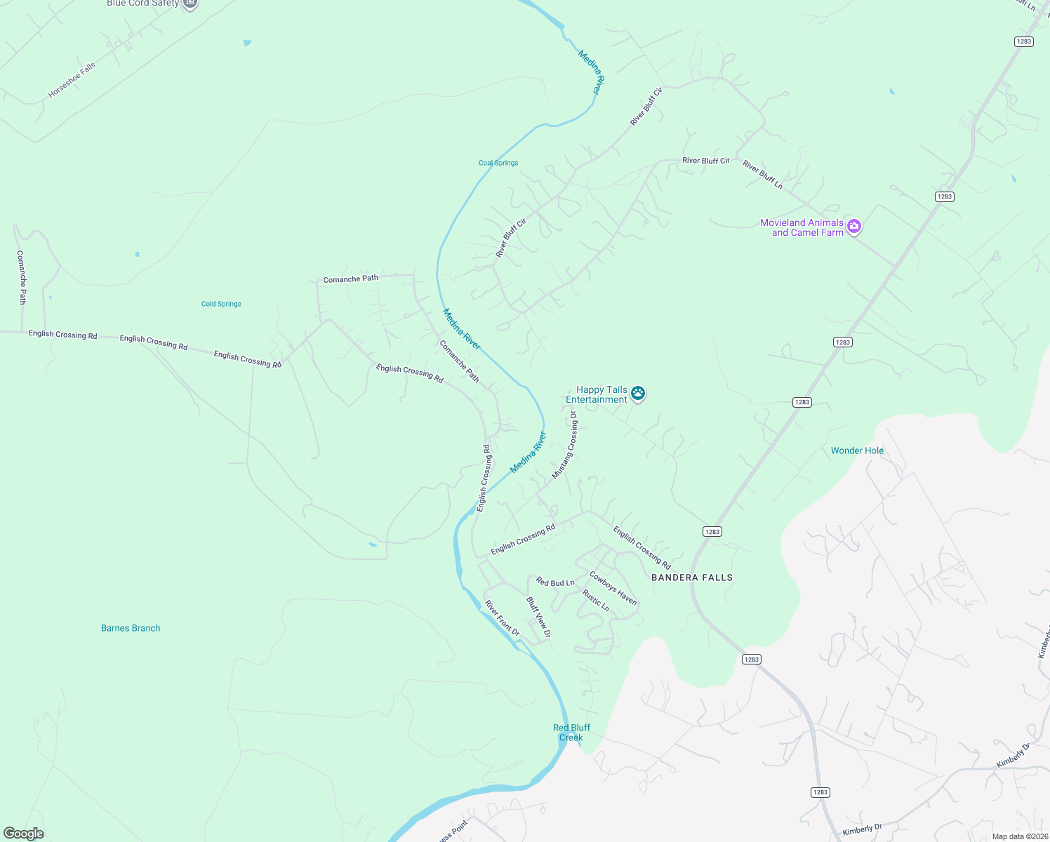 map of restaurants, bars, coffee shops, grocery stores, and more near 1265 Comanche Path in Bandera