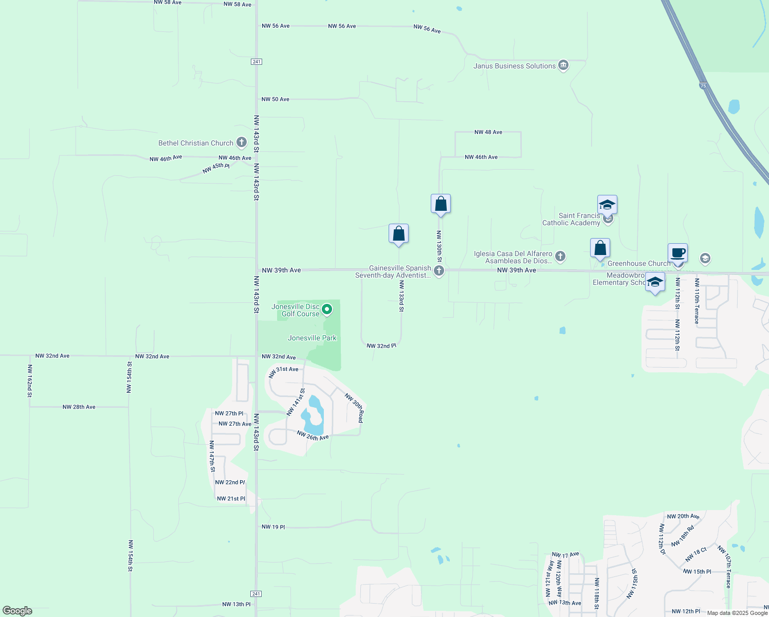 map of restaurants, bars, coffee shops, grocery stores, and more near 13403 Northwest 36th Avenue in Gainesville