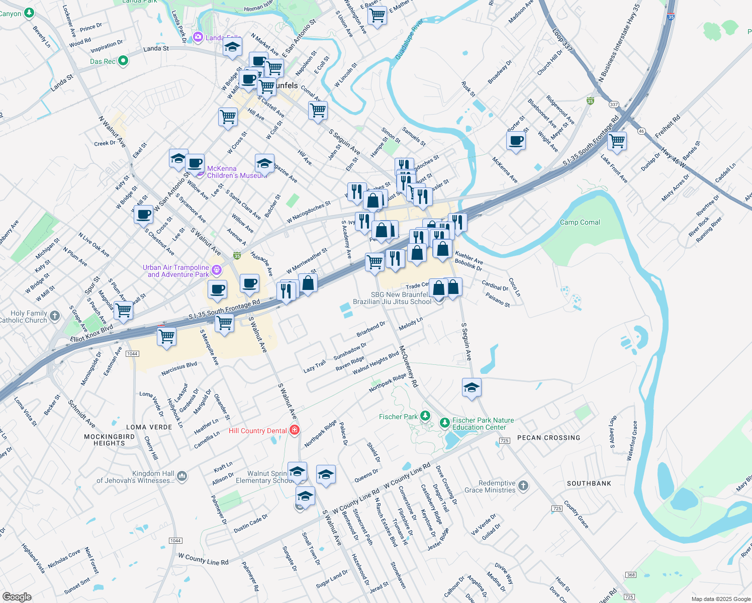 map of restaurants, bars, coffee shops, grocery stores, and more near 1674 McQueeney Rd in New Braunfels