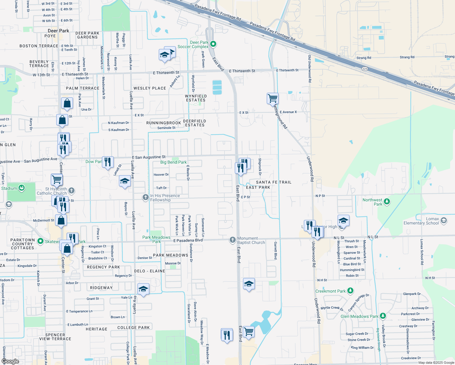 map of restaurants, bars, coffee shops, grocery stores, and more near 2206 Running Spring Dr in Deer Park