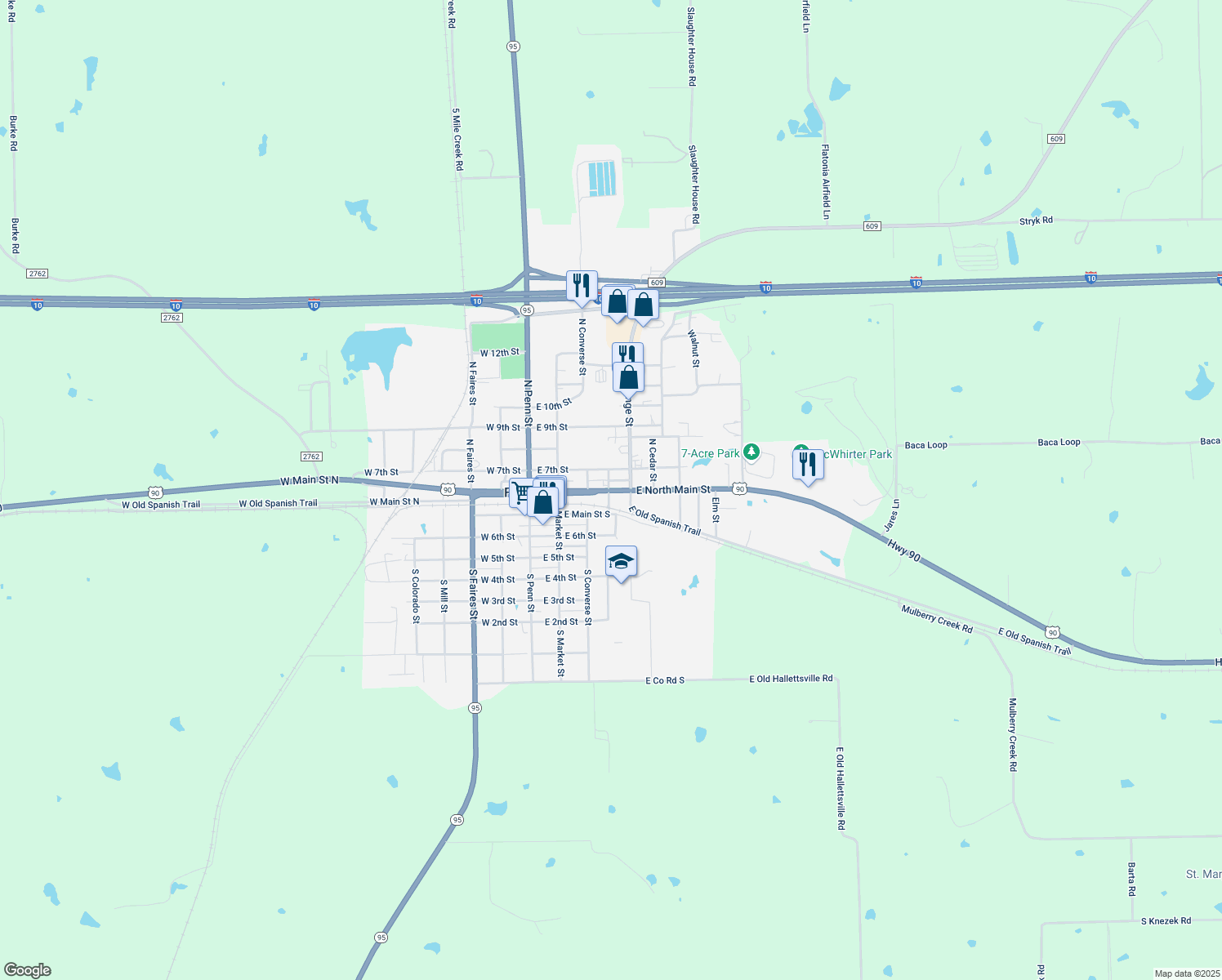 map of restaurants, bars, coffee shops, grocery stores, and more near 403 East North Main Street in Flatonia