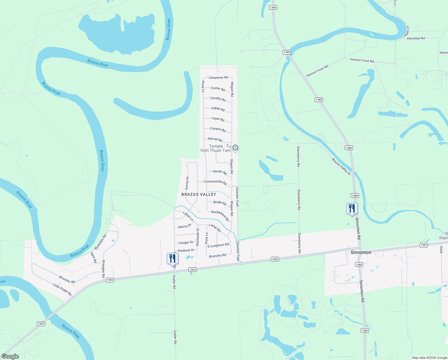 map of restaurants, bars, coffee shops, grocery stores, and more near 36620 Commanche Road in Wallis