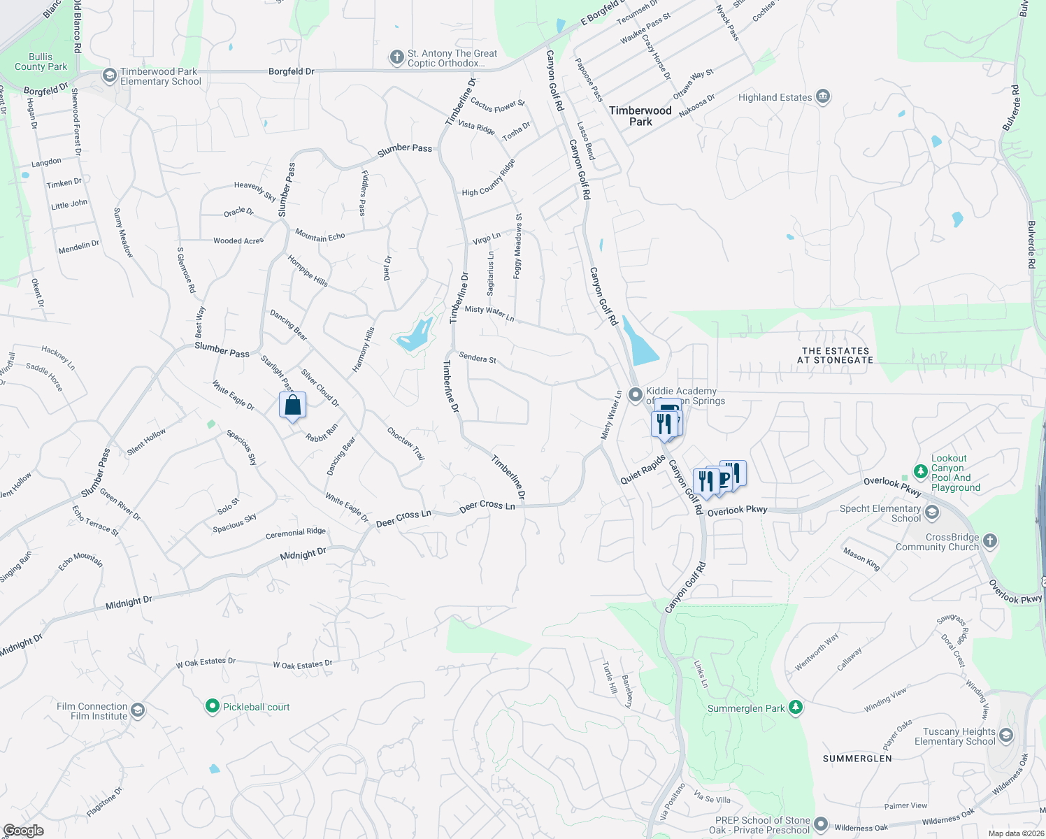 map of restaurants, bars, coffee shops, grocery stores, and more near 26247 Romance Point in San Antonio