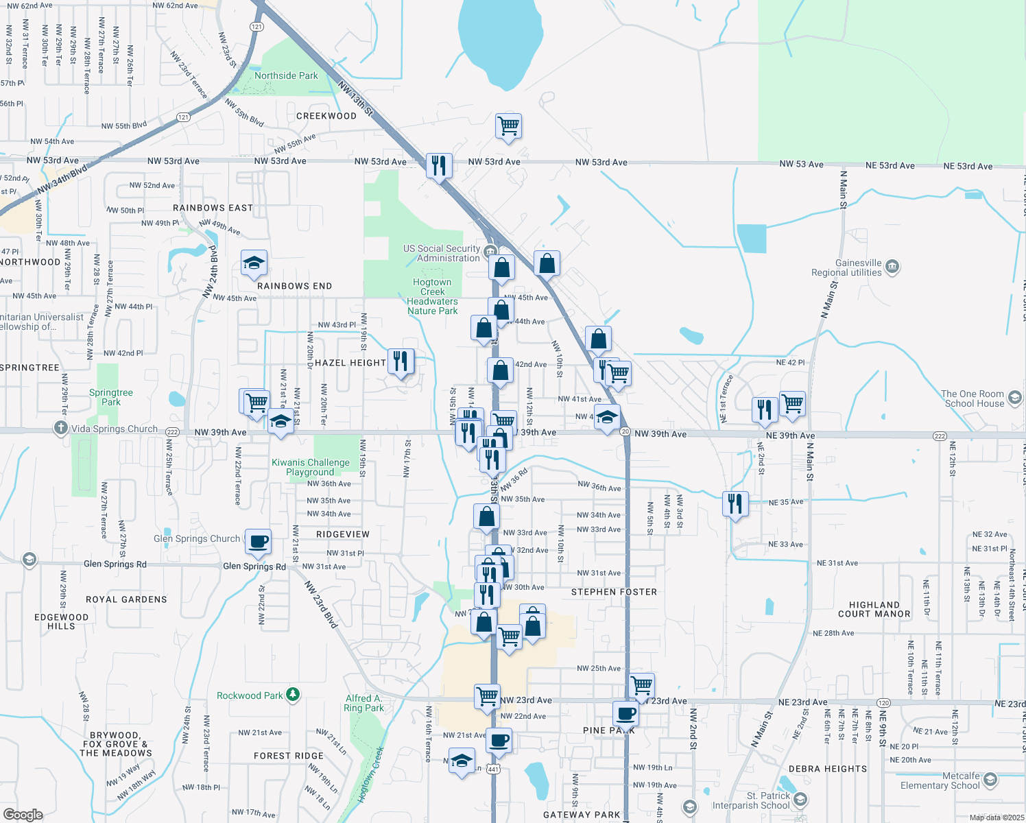map of restaurants, bars, coffee shops, grocery stores, and more near 4010 Northwest 12th Terrace in Gainesville
