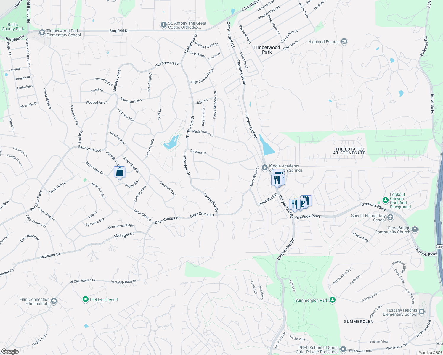 map of restaurants, bars, coffee shops, grocery stores, and more near 26247 Romance Point Street in San Antonio