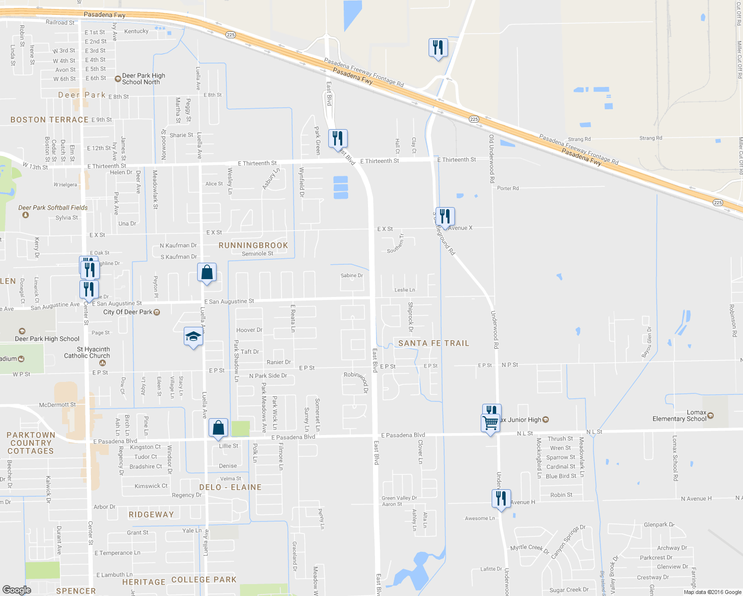 map of restaurants, bars, coffee shops, grocery stores, and more near East Blvd in Deer Park