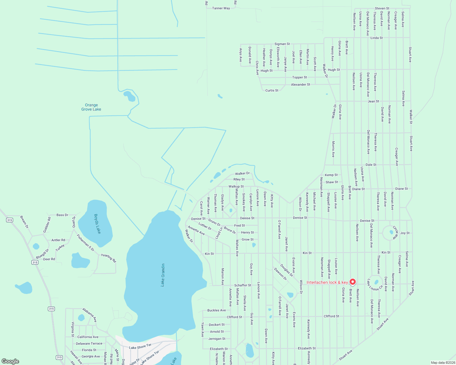 map of restaurants, bars, coffee shops, grocery stores, and more near 129 Riley Street in Interlachen