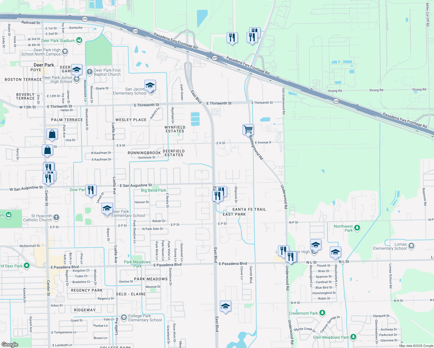 map of restaurants, bars, coffee shops, grocery stores, and more near 2225 Trinity Park Court in Deer Park