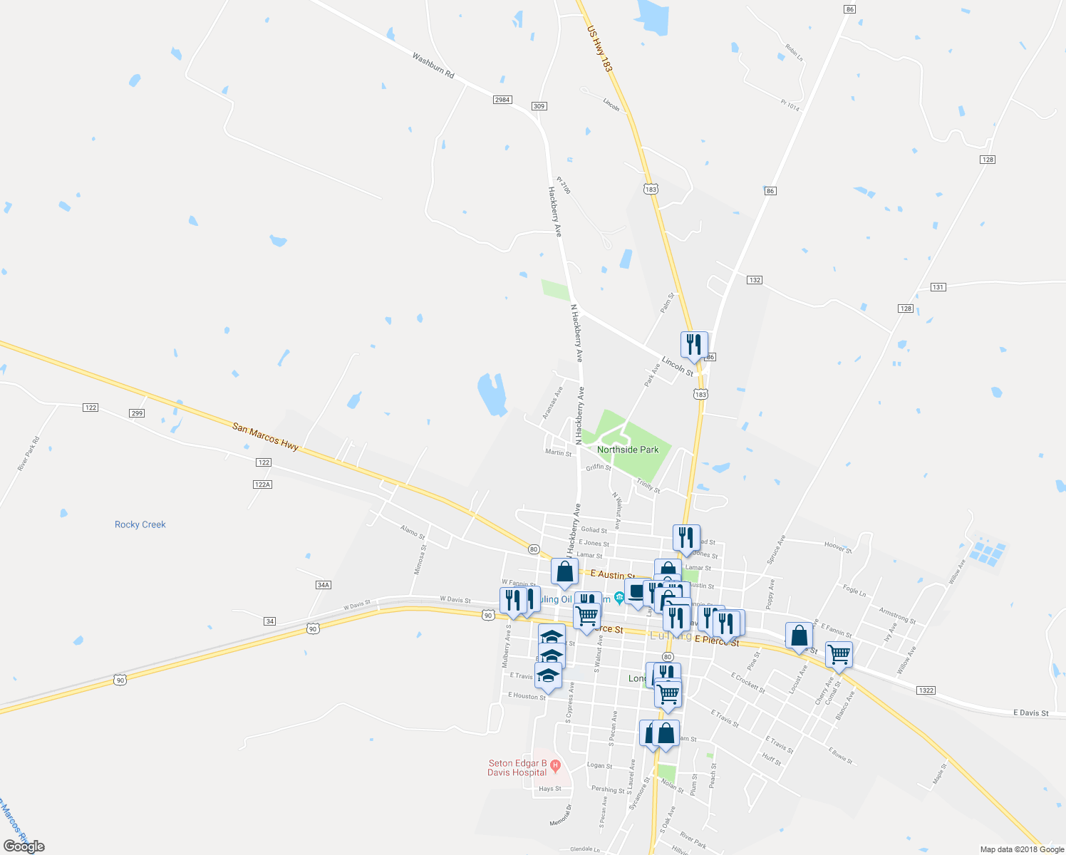 map of restaurants, bars, coffee shops, grocery stores, and more near 407 Trinity Street in Luling