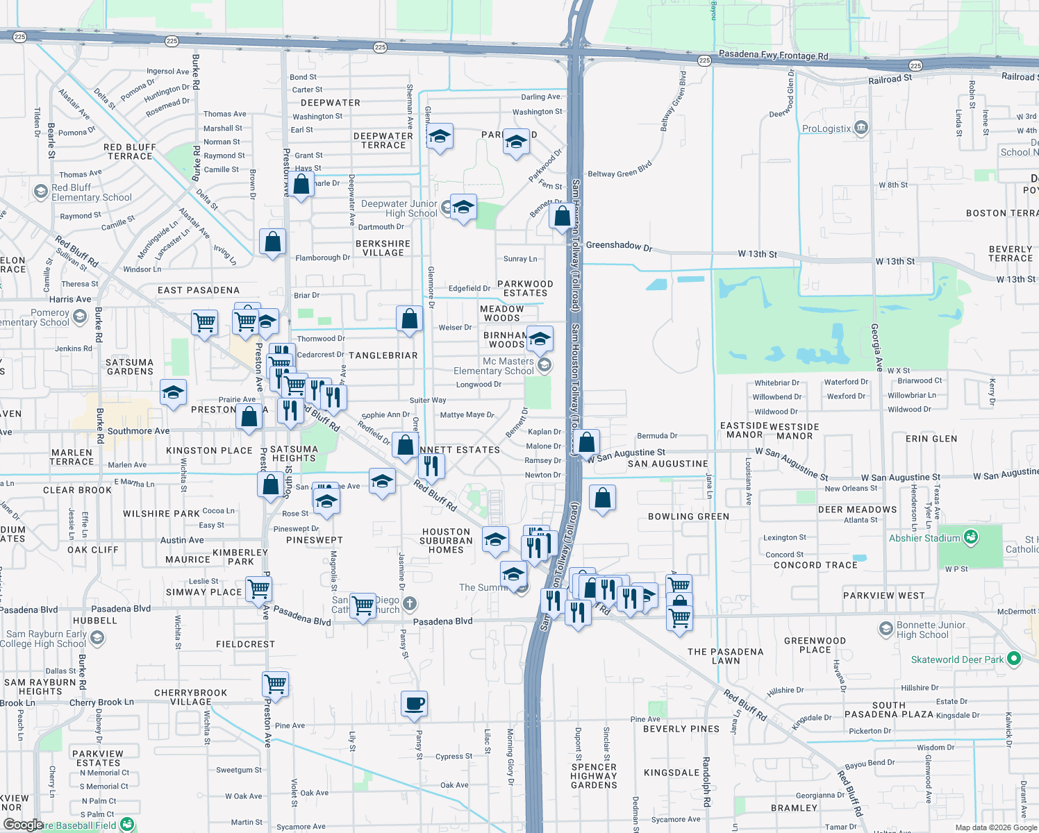 map of restaurants, bars, coffee shops, grocery stores, and more near 1304 Bennett Drive in Pasadena