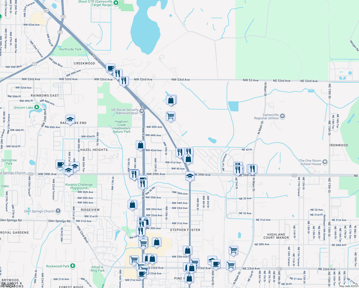 map of restaurants, bars, coffee shops, grocery stores, and more near 4215 Northwest 6th Street in Gainesville