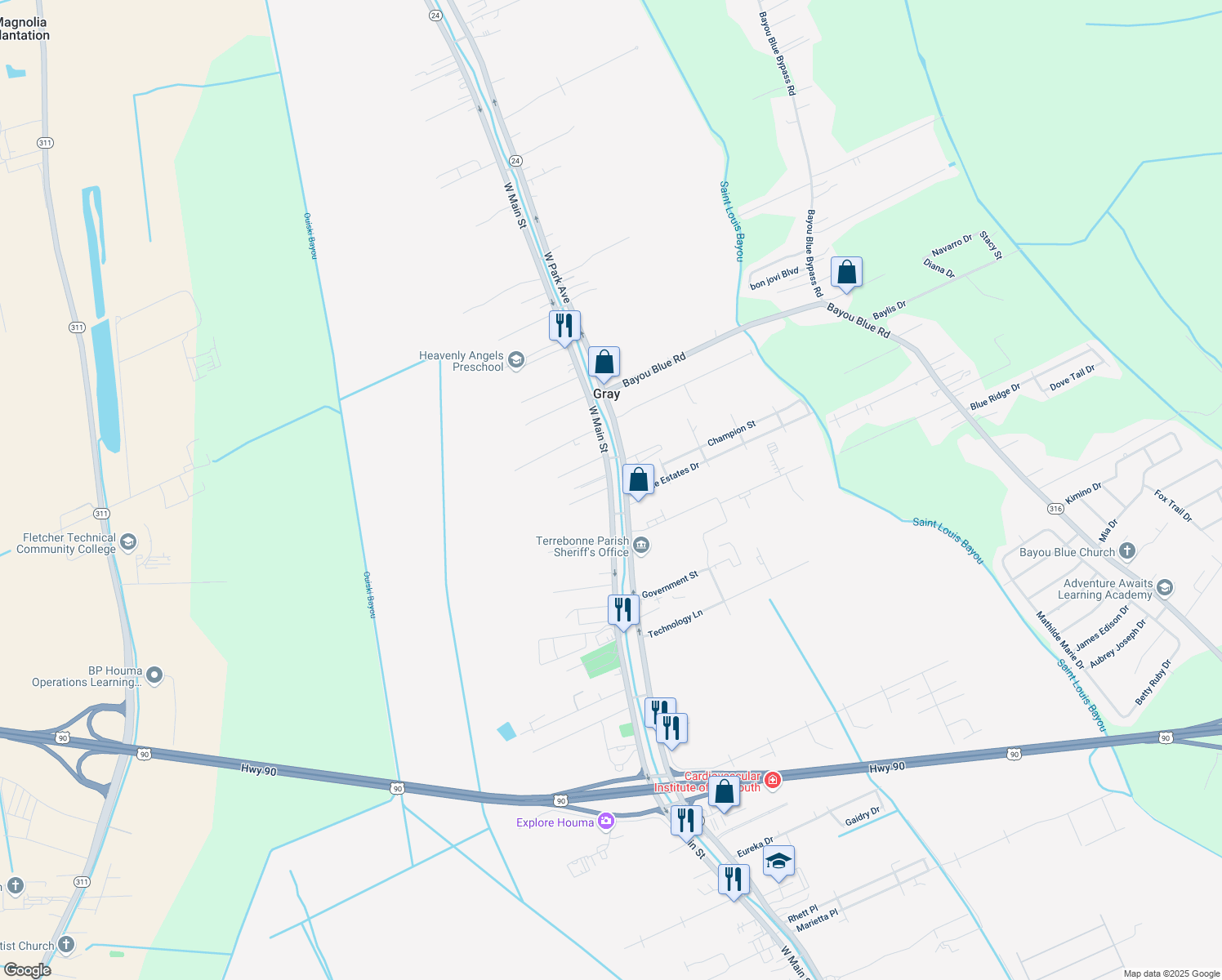 map of restaurants, bars, coffee shops, grocery stores, and more near Main St in Gray