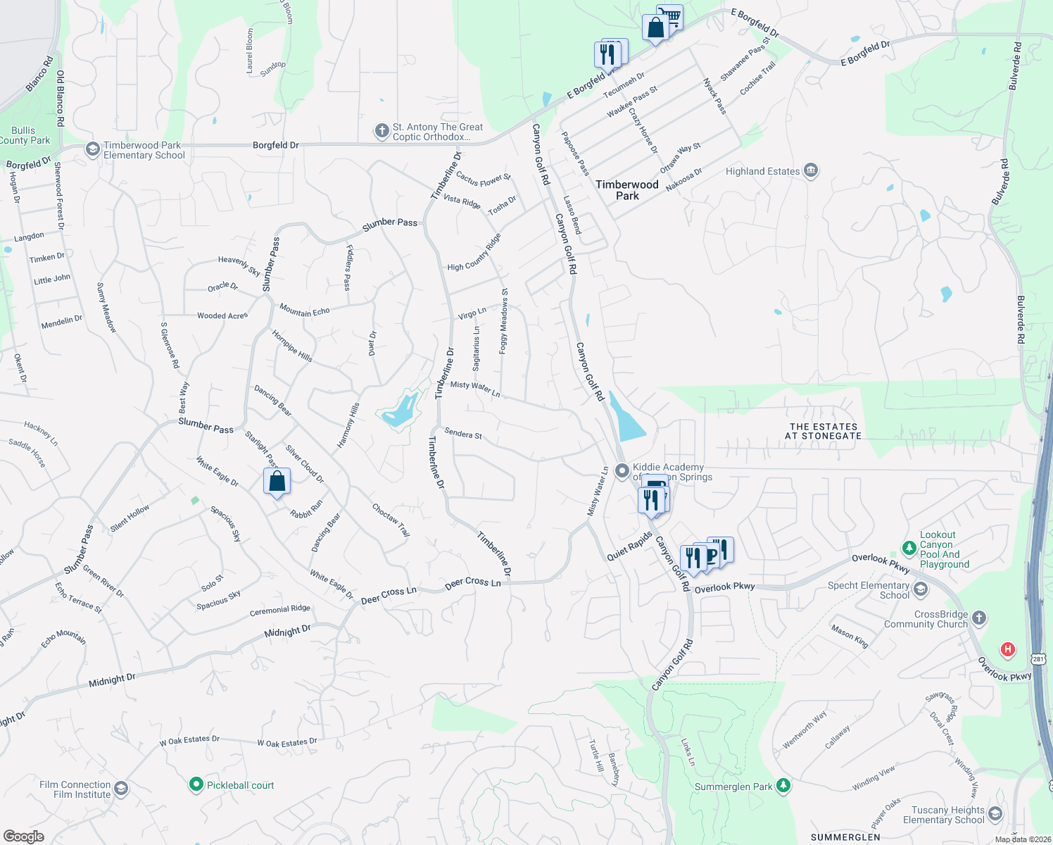 map of restaurants, bars, coffee shops, grocery stores, and more near 610 Misty Water Lane in San Antonio
