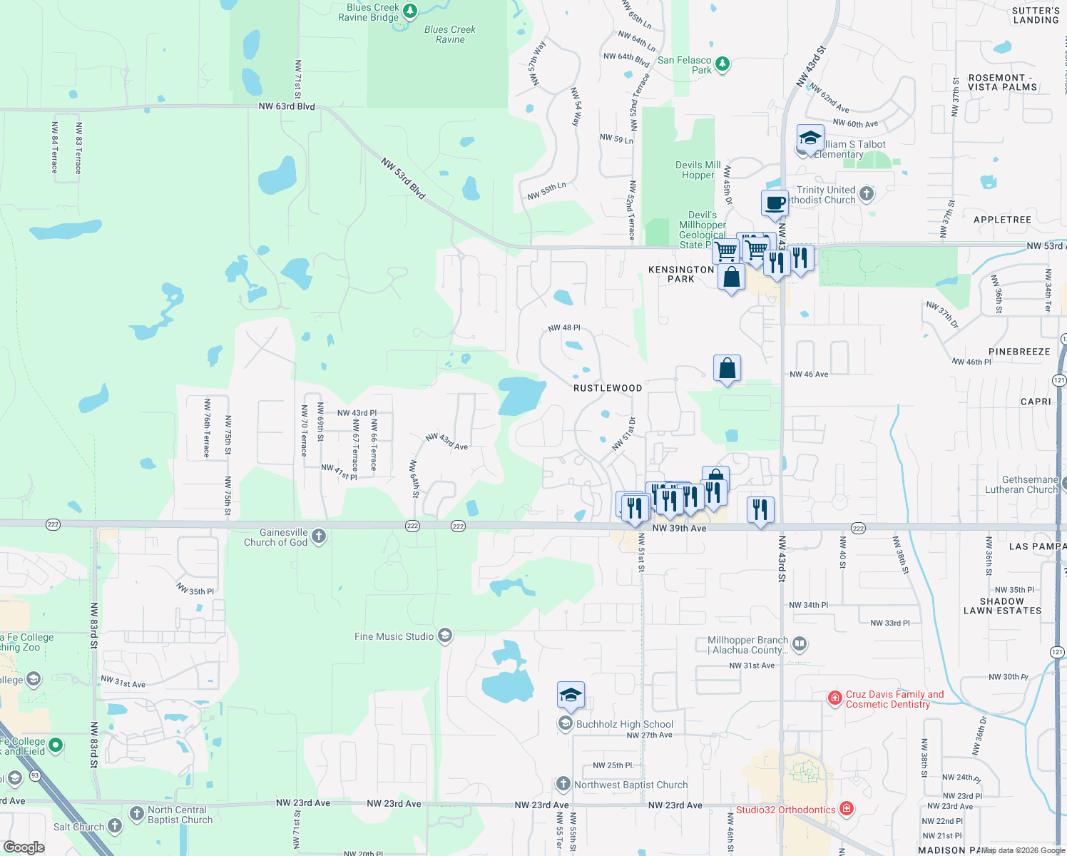 map of restaurants, bars, coffee shops, grocery stores, and more near 5717 Northwest 43rd Road in Gainesville
