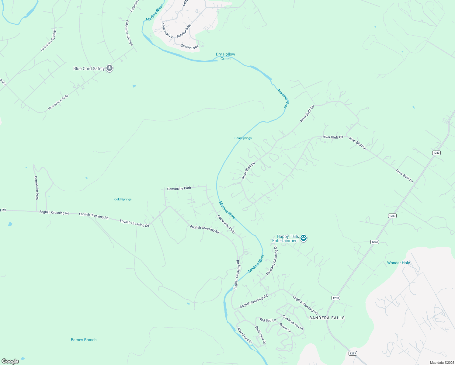 map of restaurants, bars, coffee shops, grocery stores, and more near 1616 River Bluff Circle in Pipe Creek