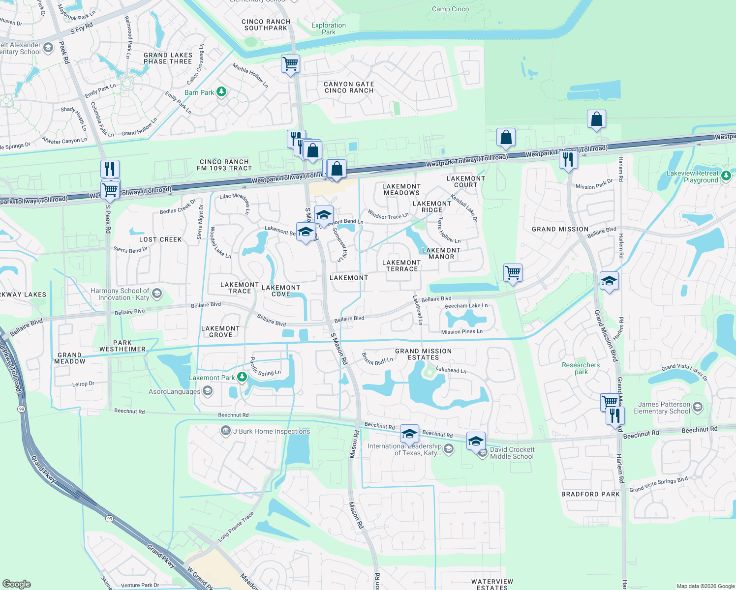 map of restaurants, bars, coffee shops, grocery stores, and more near 20319 Hidden Point Lane in Richmond