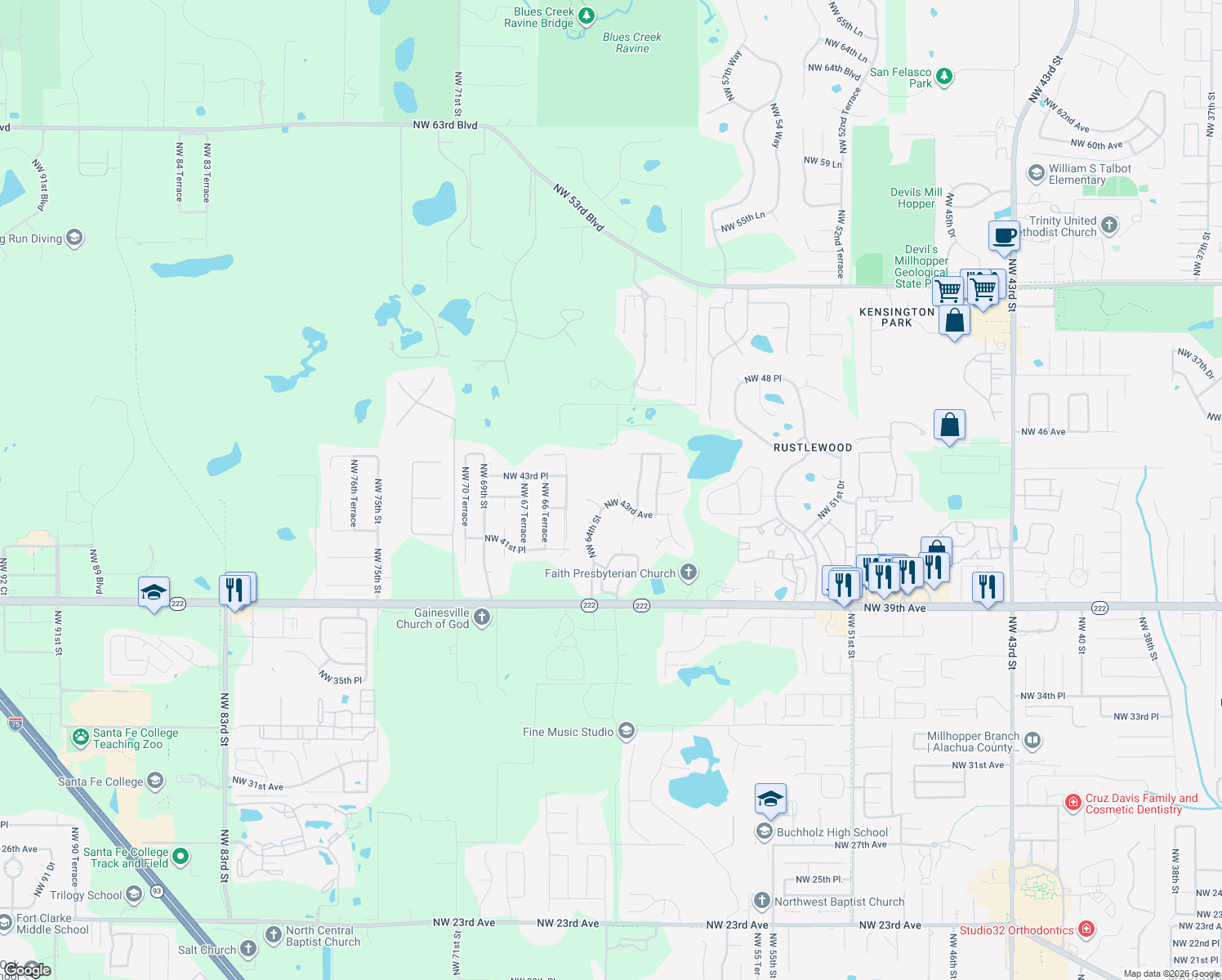 map of restaurants, bars, coffee shops, grocery stores, and more near 4326 Northwest 62 Drive in Gainesville