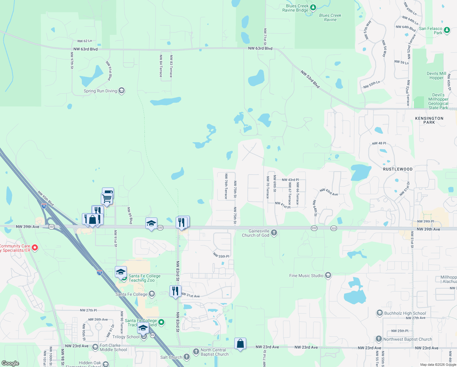 map of restaurants, bars, coffee shops, grocery stores, and more near 4317 Northwest 76th Terrace in Gainesville