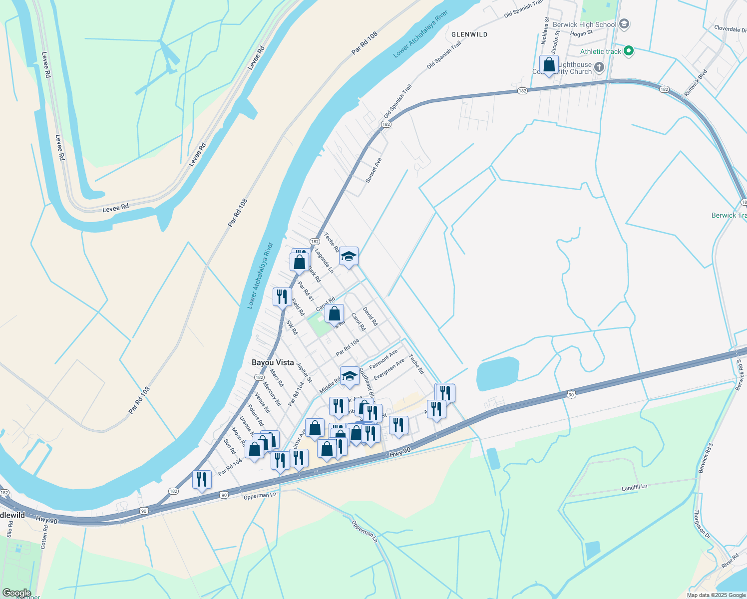 map of restaurants, bars, coffee shops, grocery stores, and more near 555 Teche Rd in Morgan City