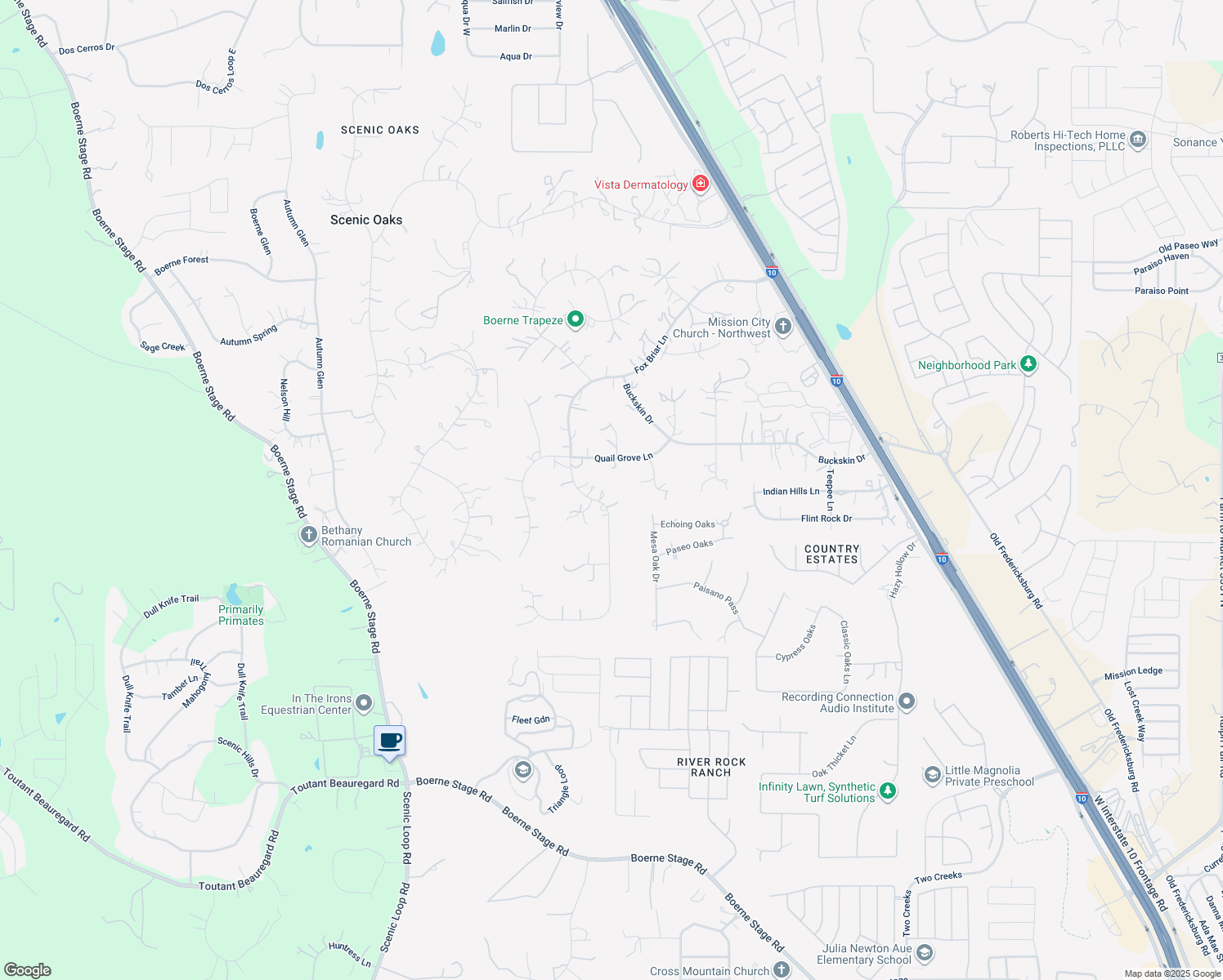 map of restaurants, bars, coffee shops, grocery stores, and more near 9124 Fox Briar Lane in Boerne