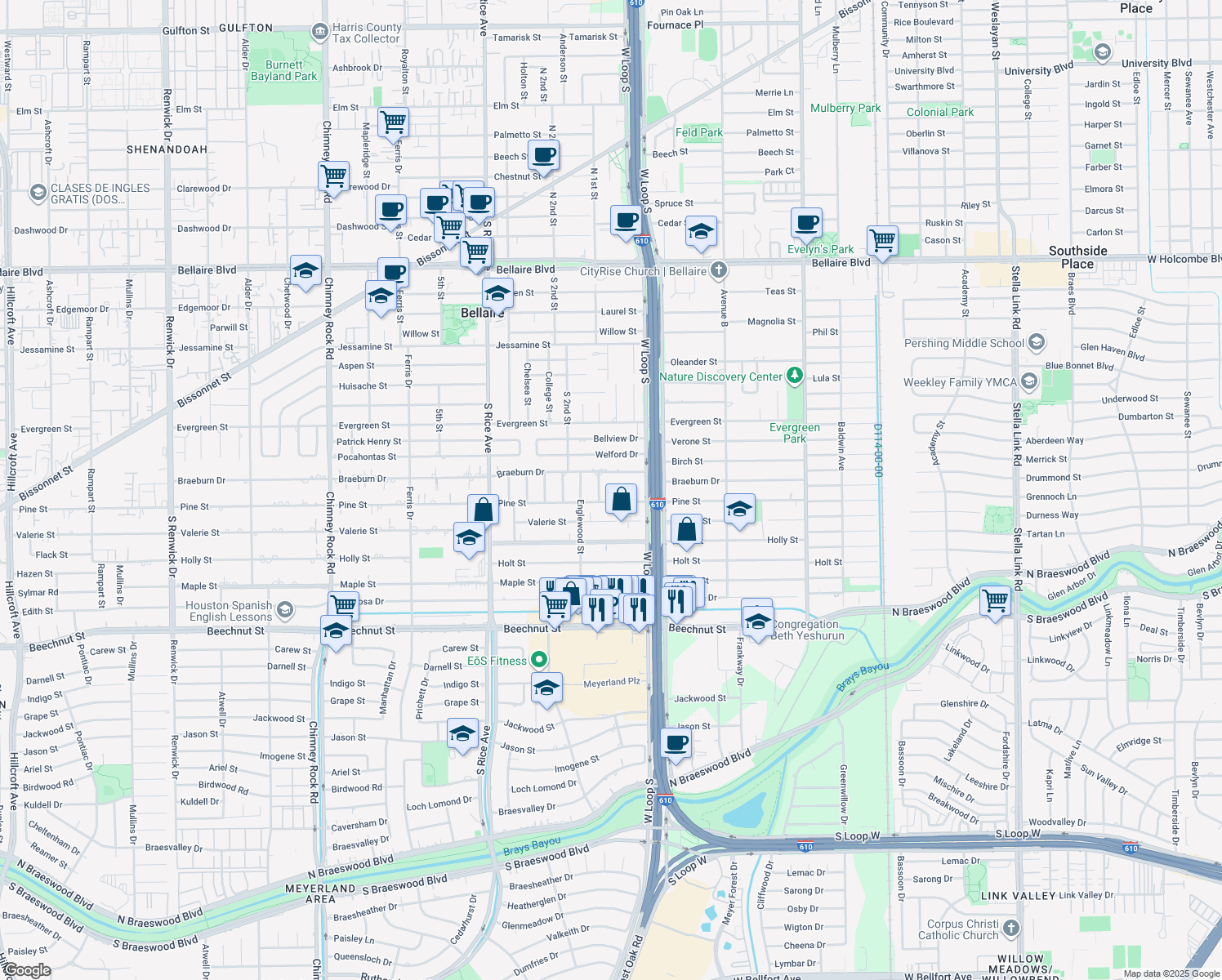 map of restaurants, bars, coffee shops, grocery stores, and more near 905 Jolen Court in Bellaire