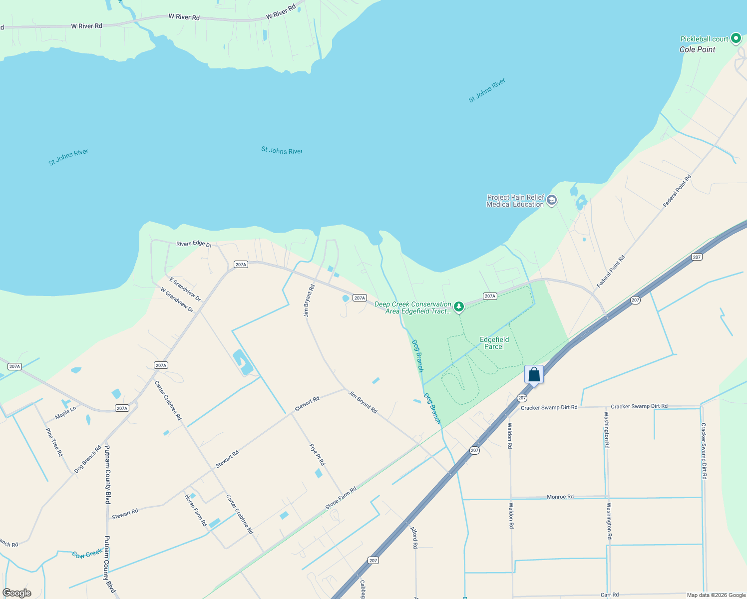 map of restaurants, bars, coffee shops, grocery stores, and more near 103 Orange Tree Road in East Palatka