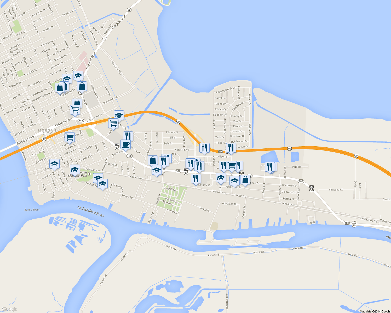 map of restaurants, bars, coffee shops, grocery stores, and more near Dr. Martin Luther King Junior Boulevard in Morgan City