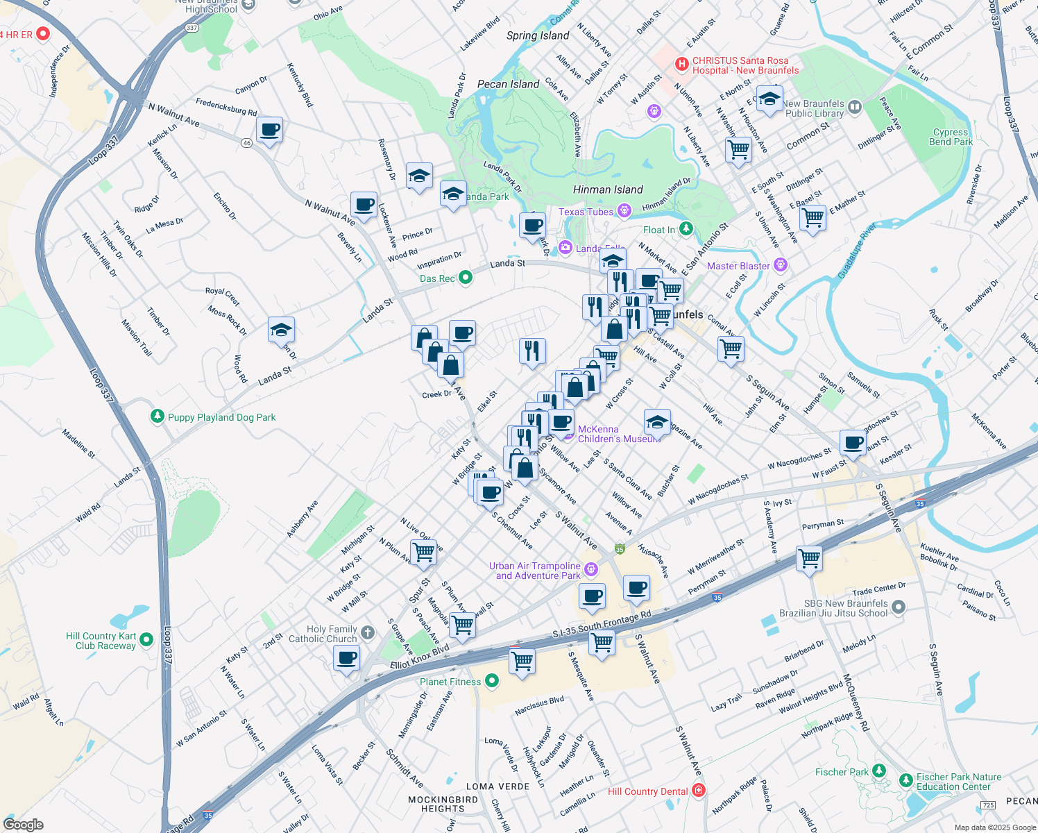map of restaurants, bars, coffee shops, grocery stores, and more near 893 West Bridge Street in New Braunfels