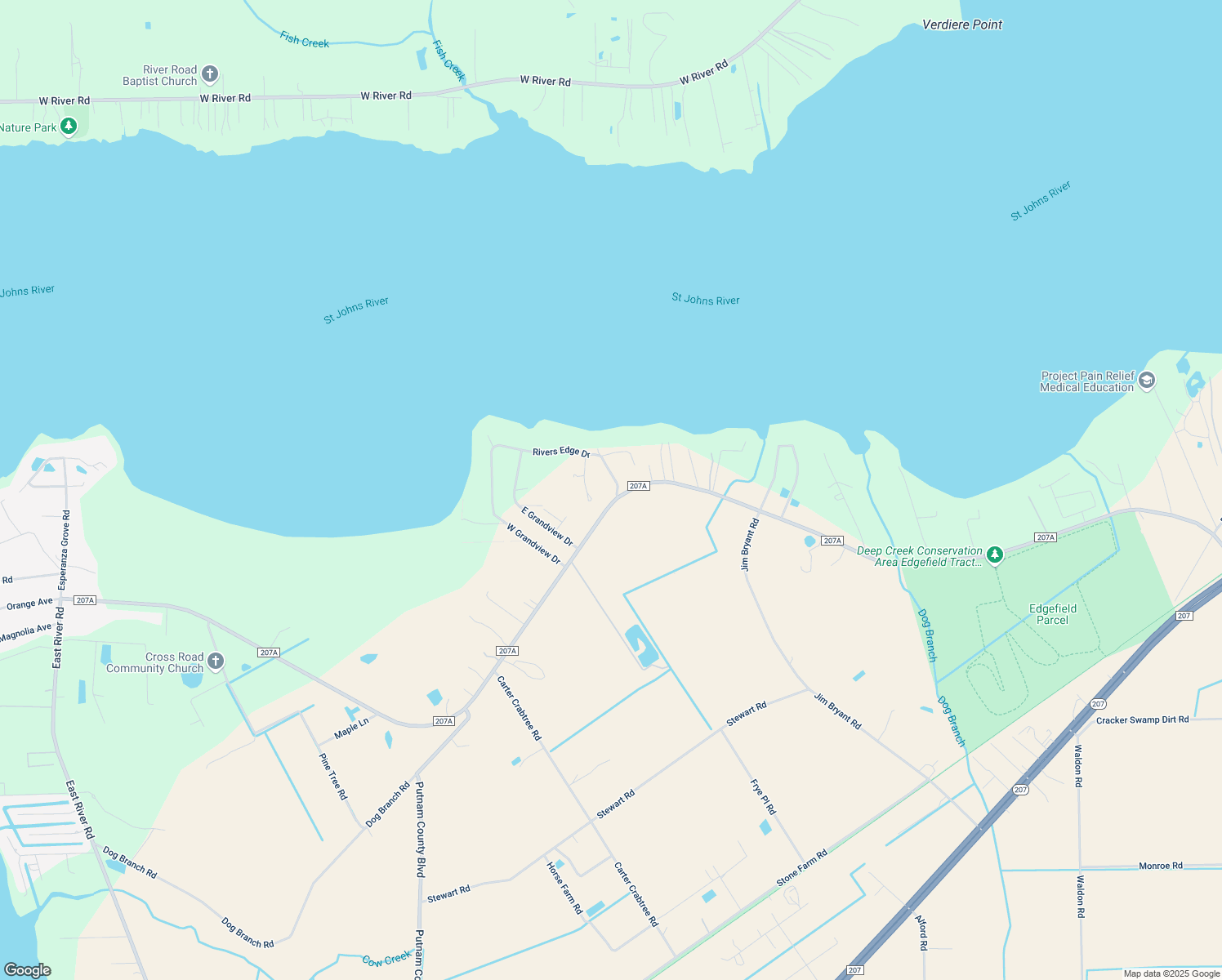 map of restaurants, bars, coffee shops, grocery stores, and more near 101 Riverview Terrace in East Palatka