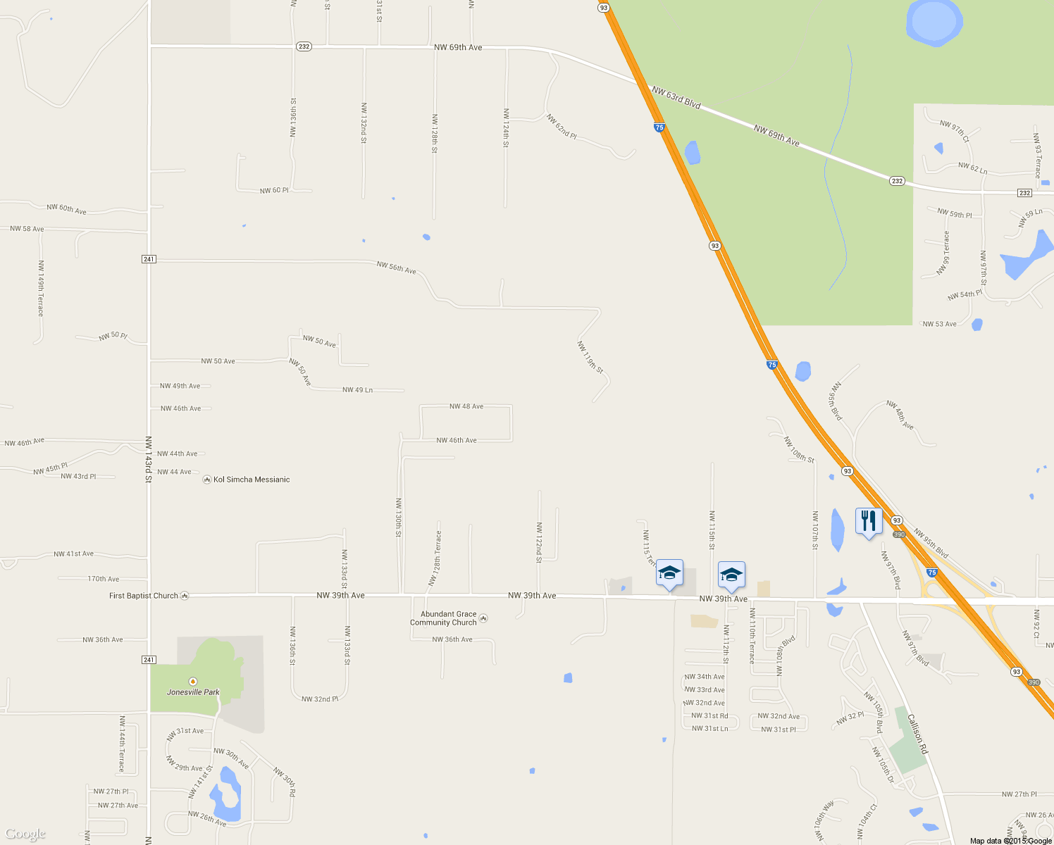 map of restaurants, bars, coffee shops, grocery stores, and more near 4703 Northwest 124th Street in Gainesville