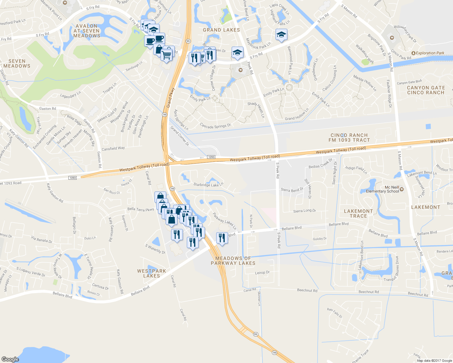 map of restaurants, bars, coffee shops, grocery stores, and more near 23403 Starbridge Lake Lane in Richmond