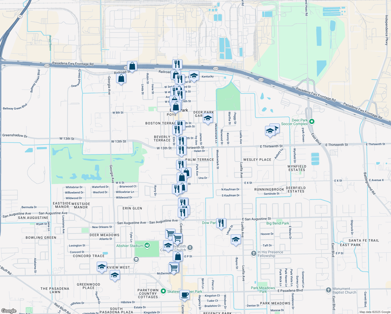 map of restaurants, bars, coffee shops, grocery stores, and more near 1406 Park Avenue in Deer Park